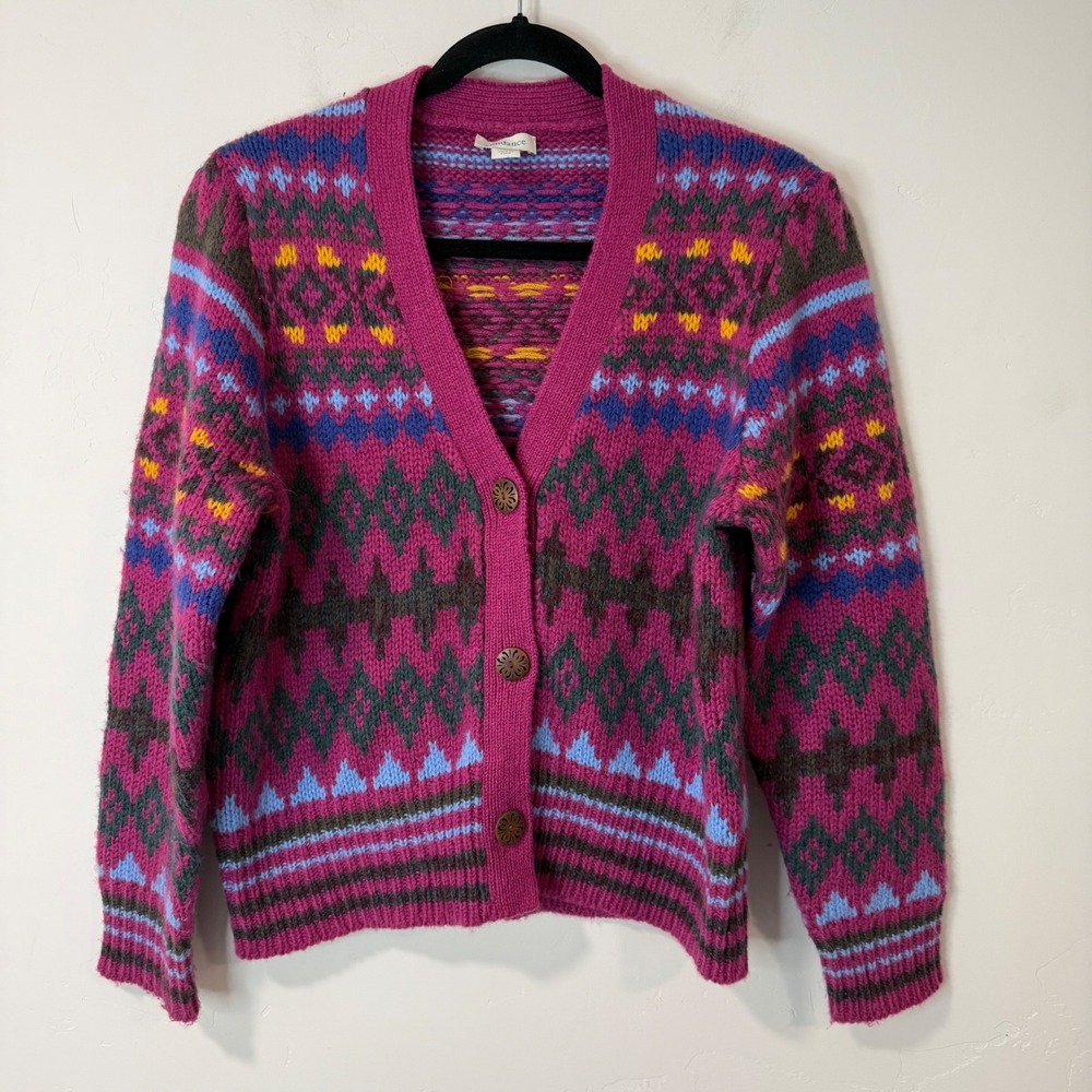 Sundance Womens Folk Tale Cardigan Medium Fair Isle Wool Blend V-Neck Sweater